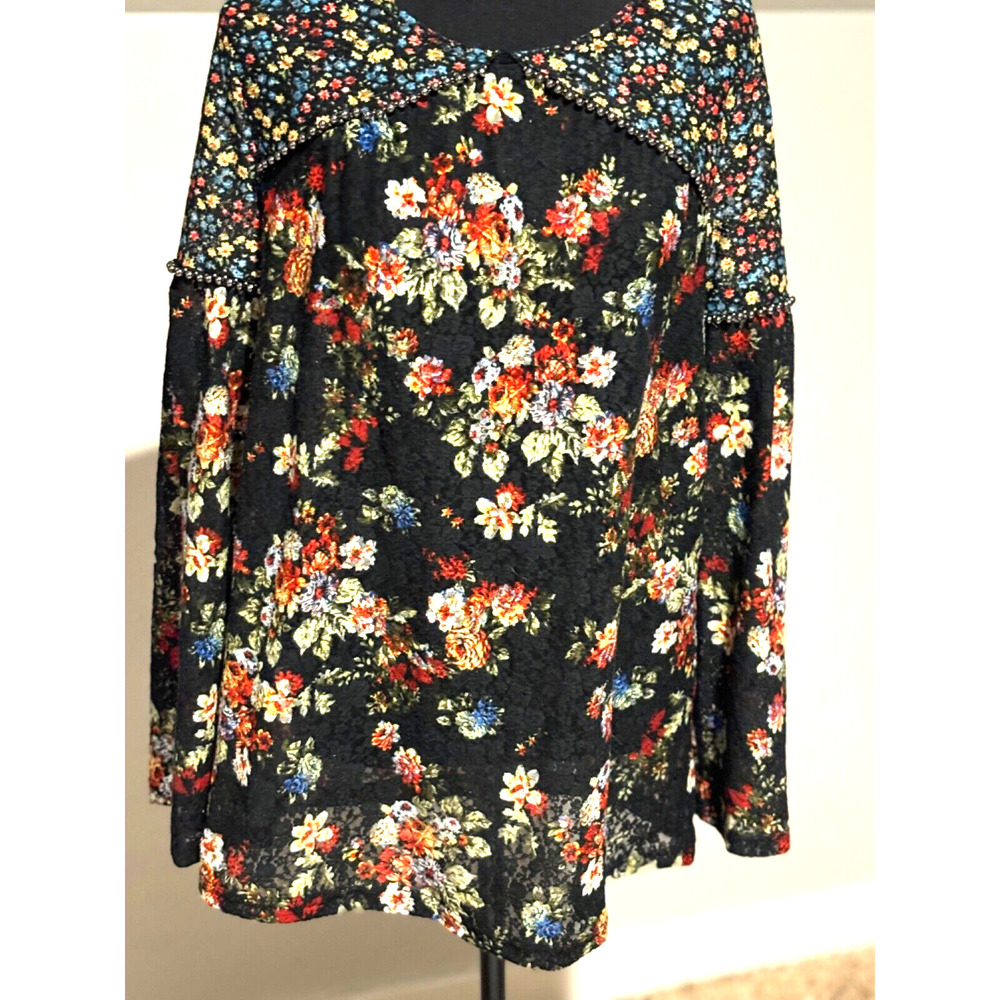 Women’s Floral Long Sleeve flowy lace beaded sz S top‎ Cottagecore Boho career